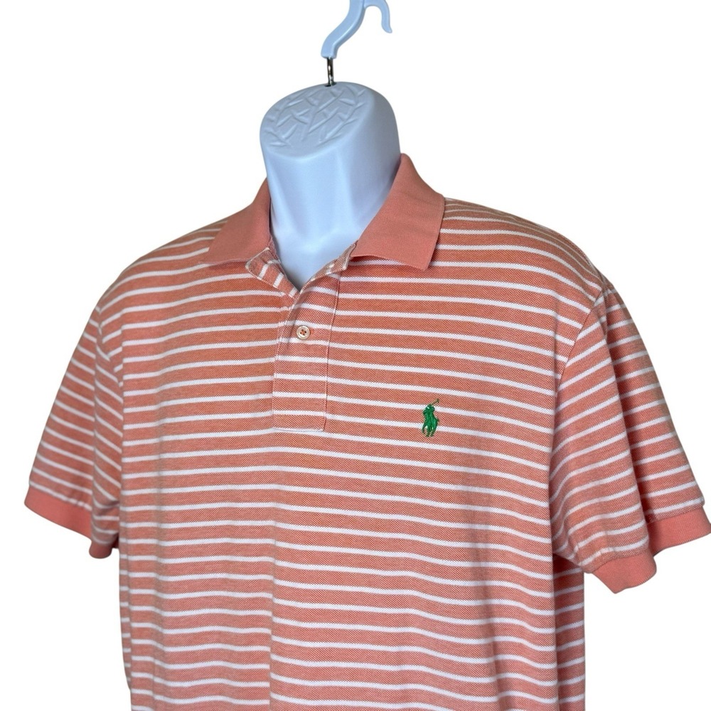 Polo Ralph Lauren Mens Sz Large Orange Striped Cotton Mesh Polo Shirt Green Pony